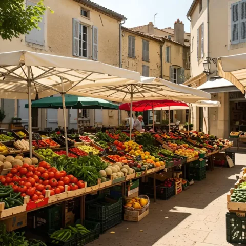 Le marché de Martel, deux fois par semaine sous sa halle du XVIIIe siècle, réunit maraîchers et artisans au cœur des sept tours.